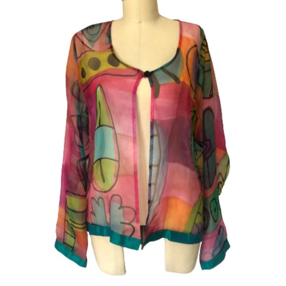 100% Silk Sheer Organza Hand Painted Colorful Top - Picture 5 of 15